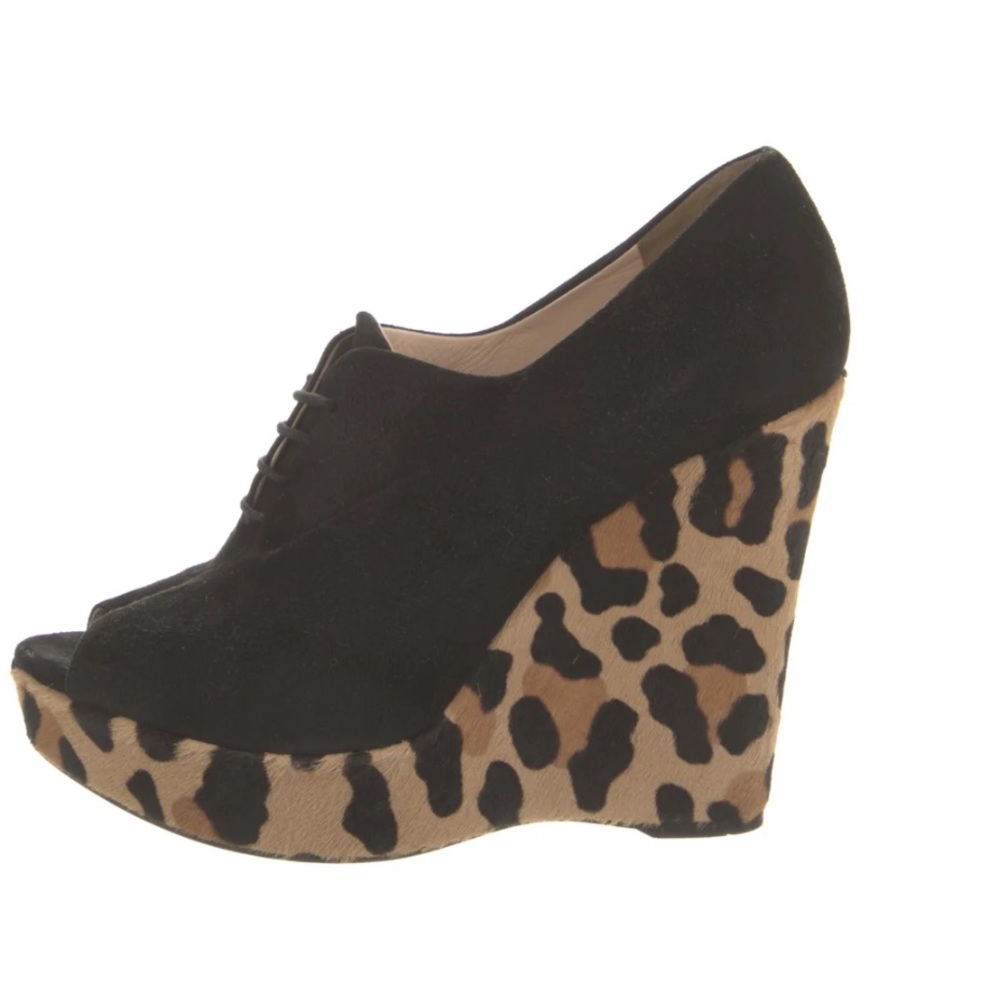 Authentic Prada suede leather pony’s hair black & leopard print lace up wedge